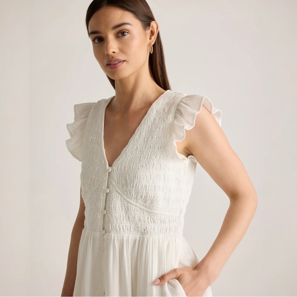 Quince Organic Textured Cotton Smocked V-Neck Midi Dress White Large - Picture 3 of 14